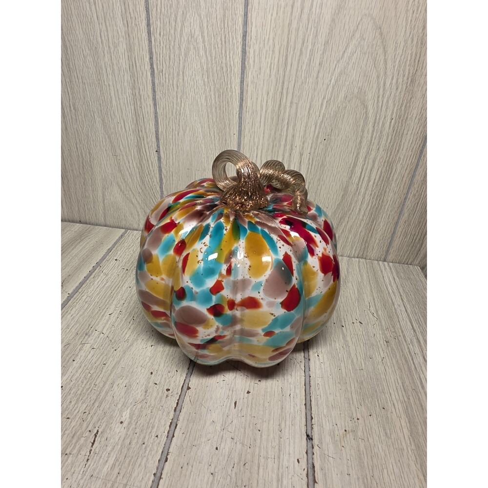 Multi Colored Speckled Art Glass Pumpkin Lighted Halloween Thanksgiving Festive